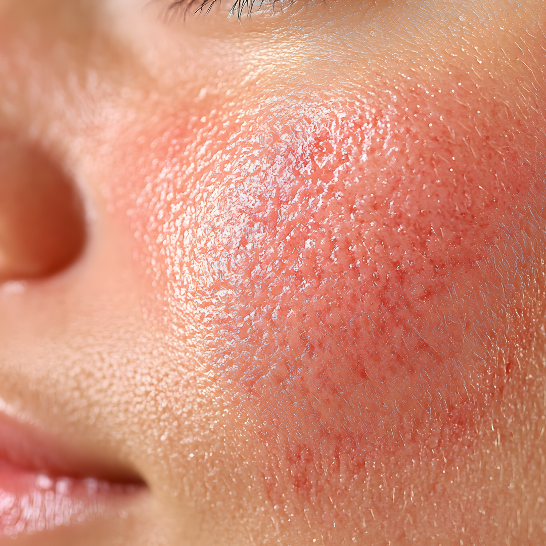 Close-up of a person's face with a visible redness on the cheek.