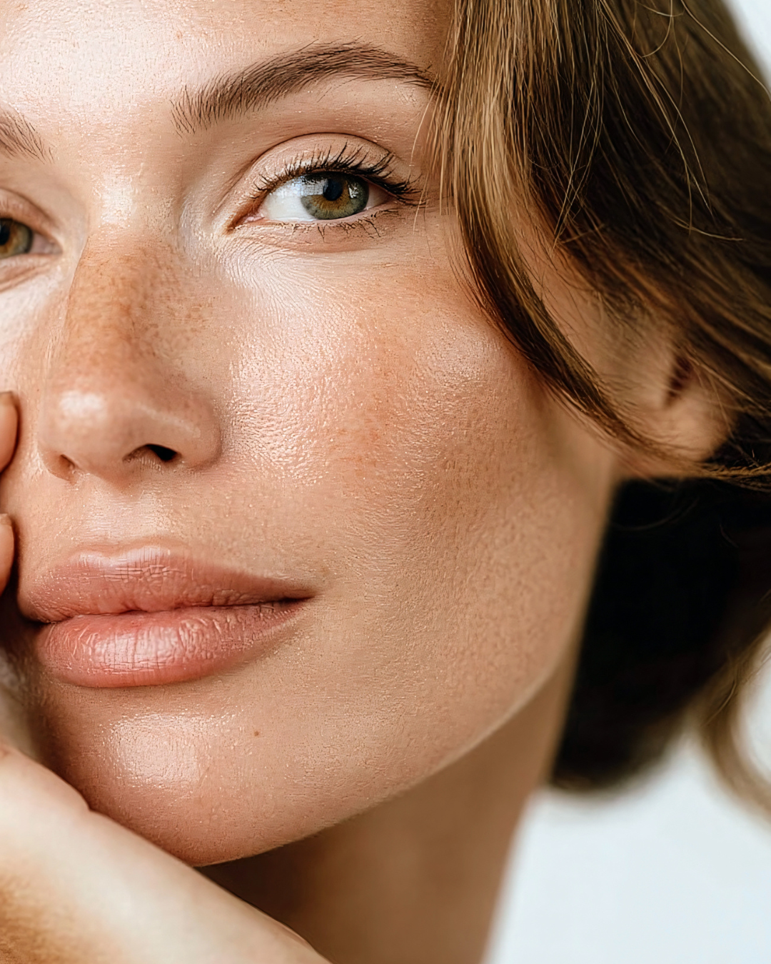 Close-up of a woman's face with a soft focus on her skin texture.