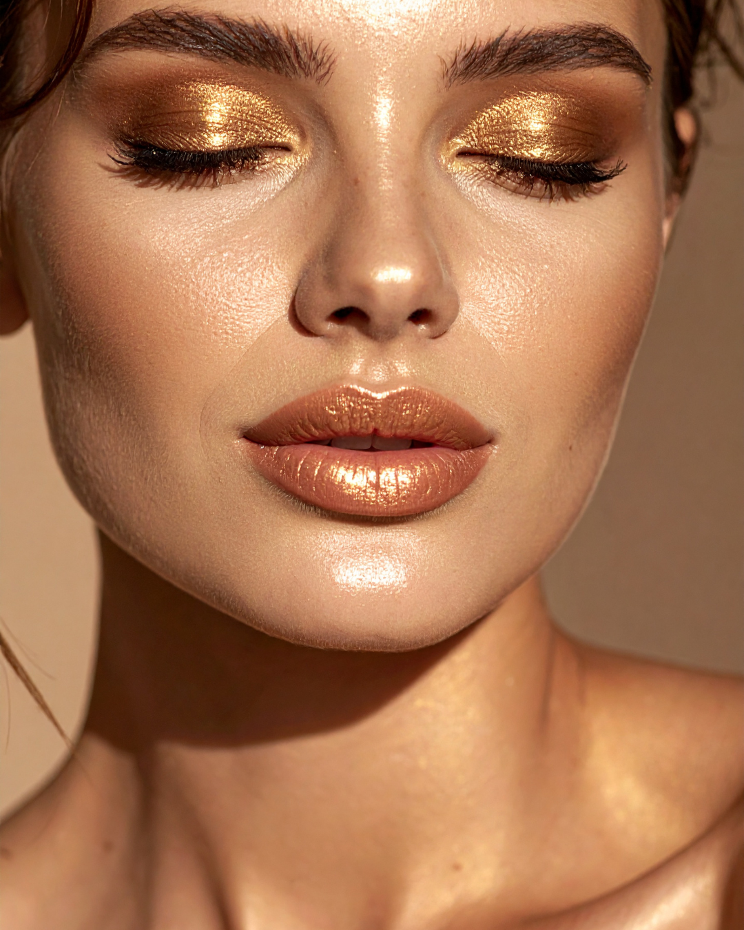 Close-up of a woman's face with gold eyeshadow and lips against a neutral background