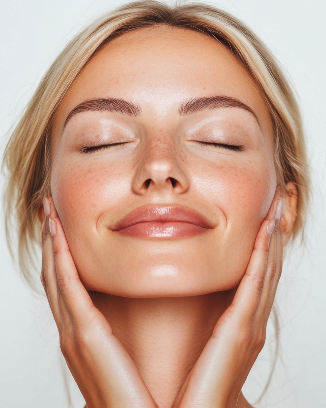 Woman with closed eyes and hands on her face against a white background