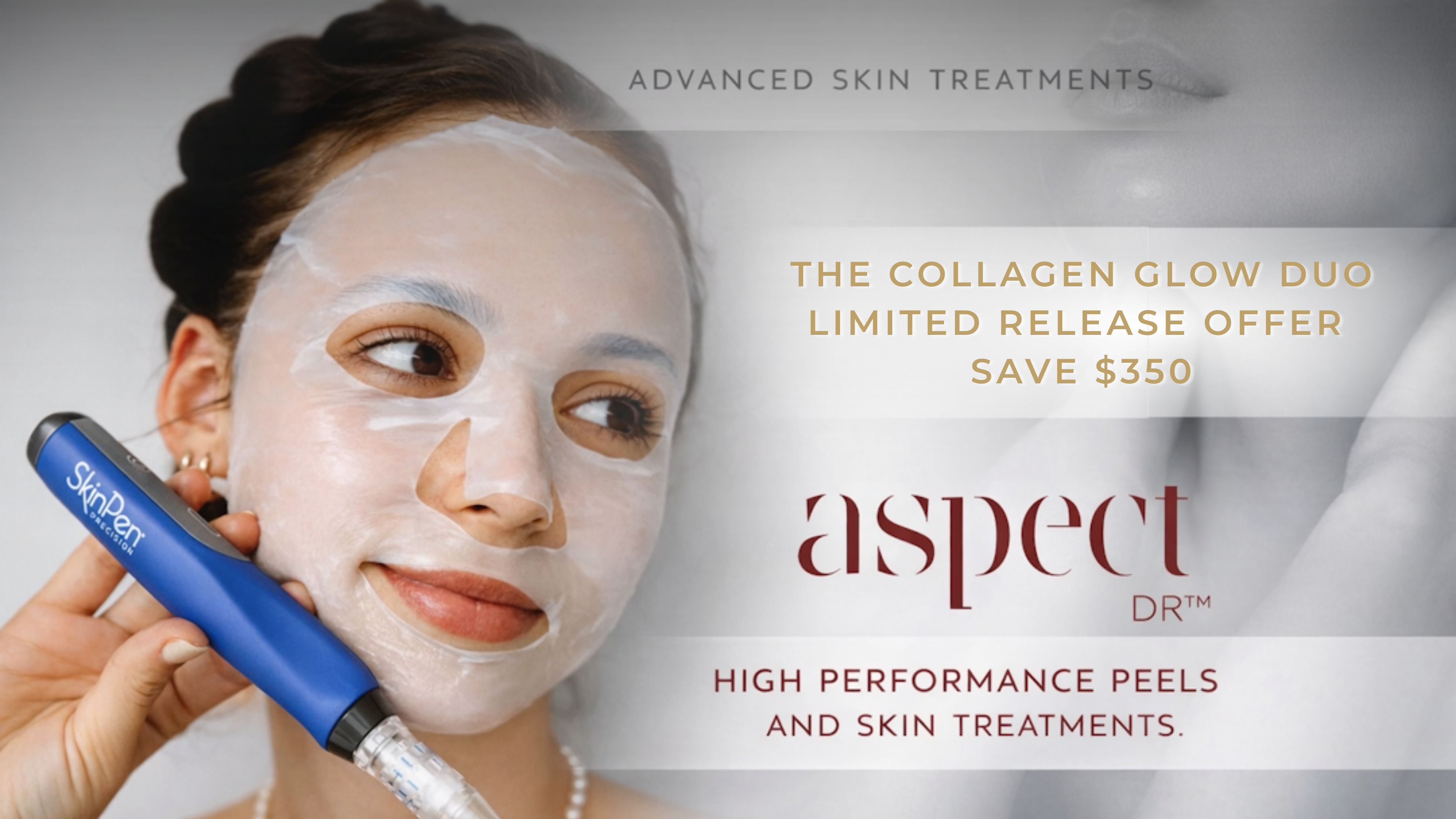 Woman applying a facial mask with 'aspect DR' peels and skin treatments, promotional text overlay.