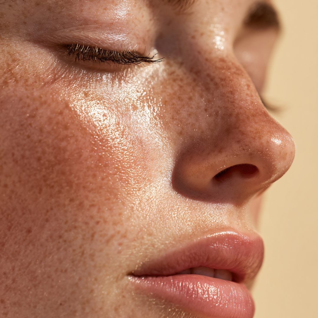 Close-up of a person's face with freckles and a neutral background