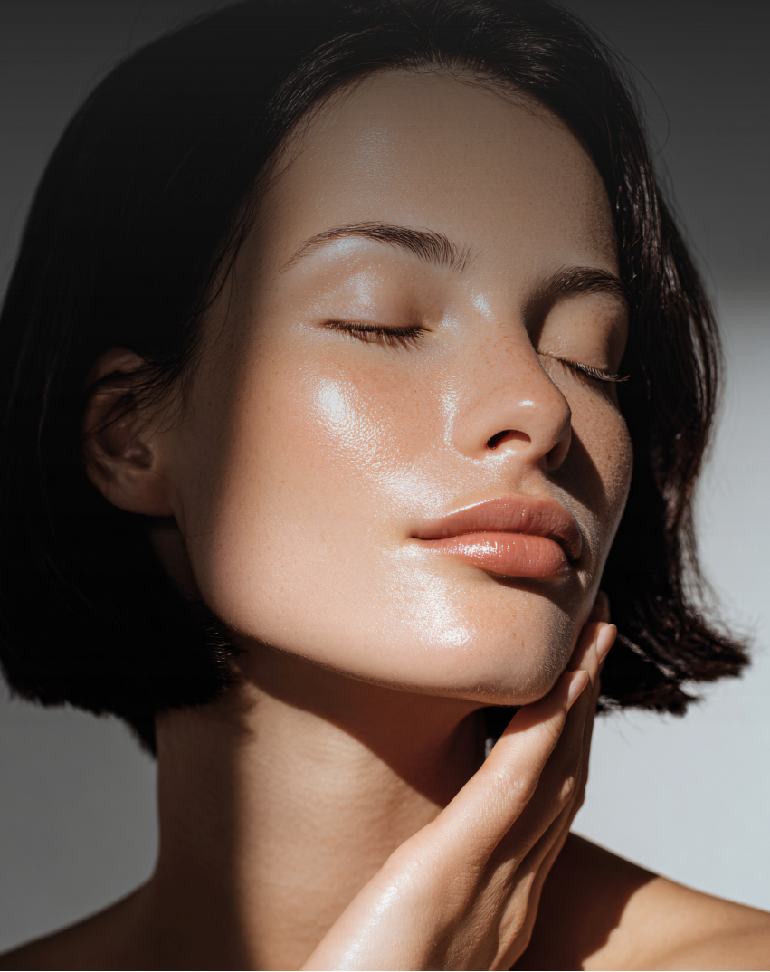 Woman with a sun-kissed glow on her face against a neutral background