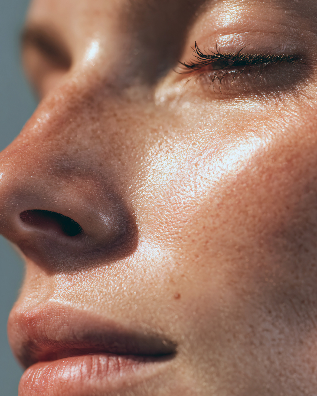Close-up of a person's face with a blurred background